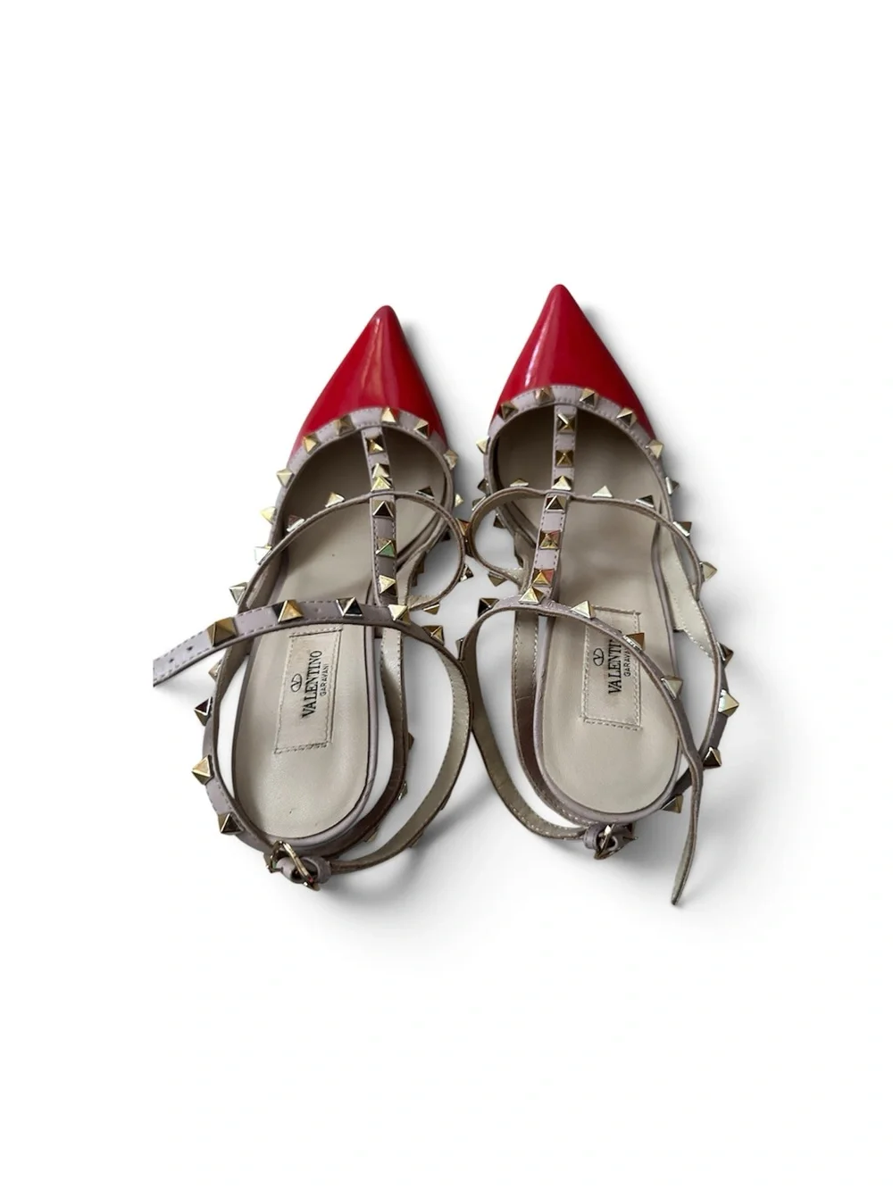 women’s Valentino Red Pointed-Toe Rockstud T-Strap Heels with Beige straps